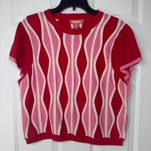 NWT THML Short Flutter Sleeve Lightweight Knit Sweater Red Pink White Women’s XL